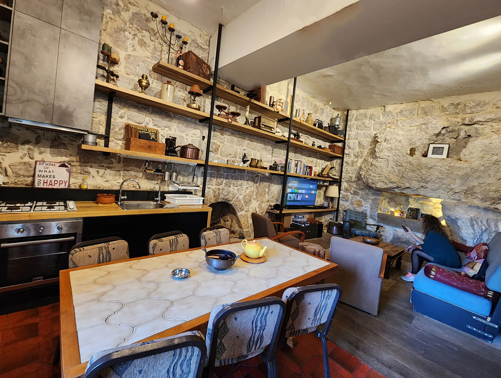 Rock wall steel and wood shelves